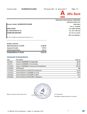 Download Belarus Alfa bank statement word